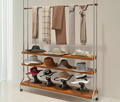 Hat Display Rack With Multiple Shelves And Various Style Hats And Scarves 3d model