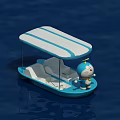 Blue Boat Shaped Play Equipment On Water With Canopy And Cartoon Character