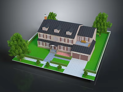 Two Story House with Black Roof Beige Exterior Green Lawn Trees Driveway and Garage 3d model