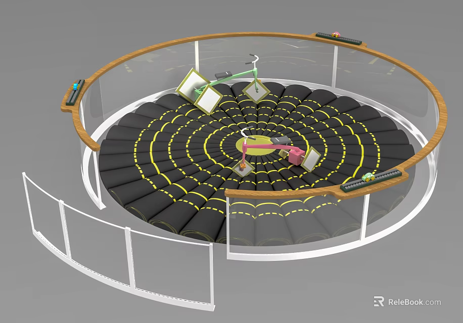 Tech Exhibition Hall Featuring Circular Ring Shaped Platform With Yellow Illuminated Lines 3d model 