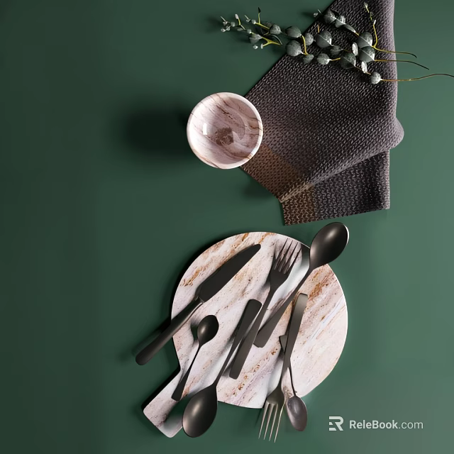 Tableware Set Featuring Wooden Tray Black Cutlery Marble Bowl And Green Leaves On Green Background 3d model 