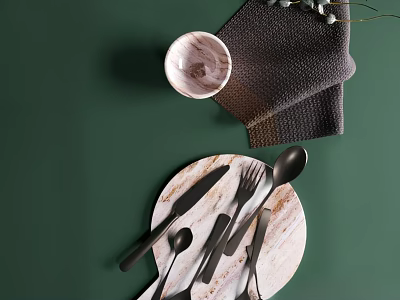 Tableware Set Featuring Wooden Tray Black Cutlery Marble Bowl And Green Leaves On Green Background 3d model