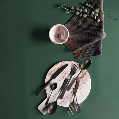 Tableware Set Featuring Wooden Tray Black Cutlery Marble Bowl And Green Leaves On Green Background 3d model