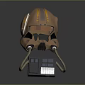 Copper Colored Futuristic Helmet With Orange Stripes Connected Gray Control Box And Cables