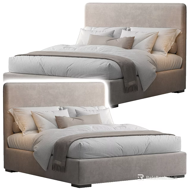 Elegant Modern Double Bed With Upholstered Headboard Plush Pillows And Neutral Bedspread 3d model