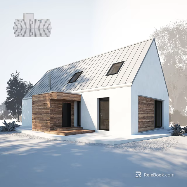 Modern Villa Balcony With Wooden Accents White Walls Metal Roof And Snowy Trees 3d model 