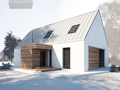 Modern Villa Balcony With Wooden Accents White Walls Metal Roof And Snowy Trees 3d model