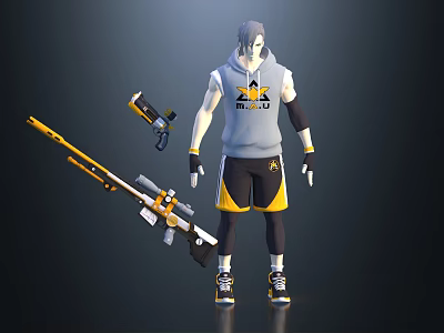 Game Character Wearing Gray Hoodie Yellow AX Logo Black Shorts Holding Long Rifle Pistol 3d model