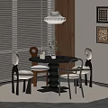 Modern Restaurant Interior With Round Dining Table Chairs Pendant Light Blinds And Artwork