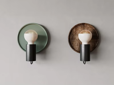 Two Modern Wall Lamps With Green And Wooden Circular Backplates On Gray Wall 3d model