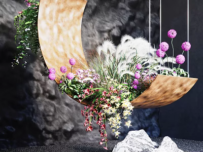 Hanging Moon Shaped Garden Planter With Purple Flowers Green Ferns And Dangling Blooms 3d model