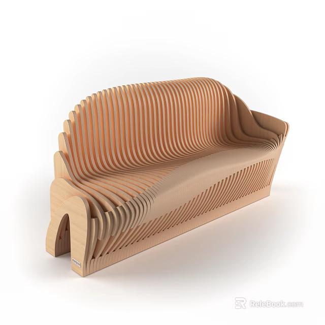 Modern Wooden Public Bench With Curved Striped Design For Public Areas 3d model 