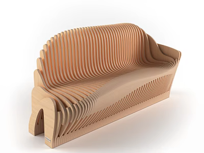 Modern Wooden Public Bench With Curved Striped Design For Public Areas 3d model