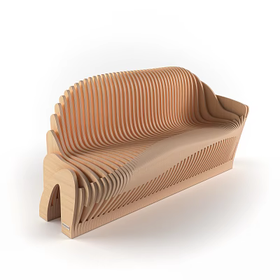 Modern Wooden Public Bench With Curved Striped Design For Public Areas 3d model