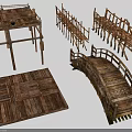 Rustic Wooden Scene Components Including Platform Railings Bridge And Flooring Panels 3d model