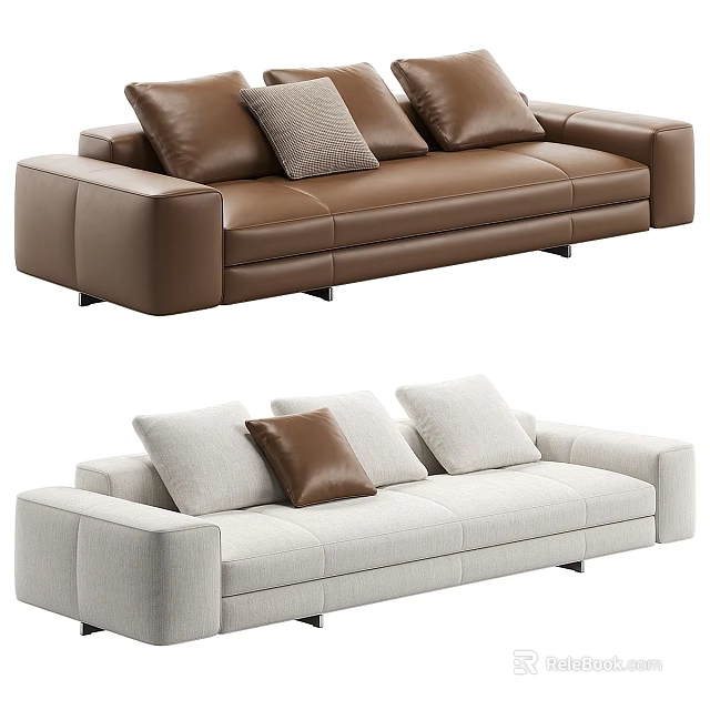 Brown Leather and Light Gray Fabric Sofas with Decorative Cushions 3d model