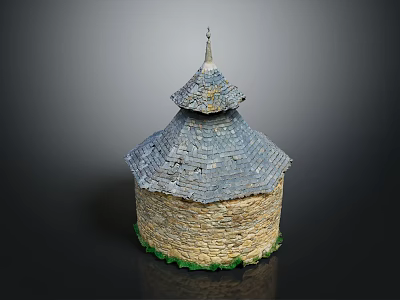 Round Stone Building Model With Gray Tile Roof Pointed Spire And Green Base Decoration 3d model