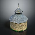 Round Stone Building Model With Gray Tile Roof Pointed Spire And Green Base Decoration