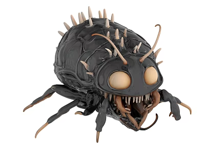 Black Spiky Insect Toy Model With Large Eyes And Sharp Teeth Design 3d model