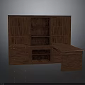 Dark Brown Wooden Bookcase And Desk Combination Furniture With Open Shelves And Drawers
