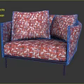 Red And White Patterned Fabric Single Seater Sofa With Cushions And Dark Legs 3d model
