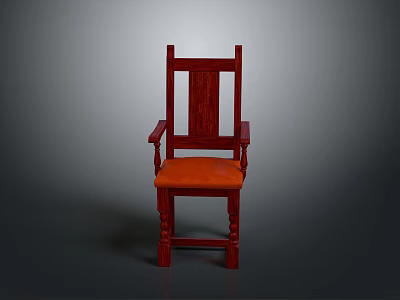 Red Wooden Chair With Armrests And Orange Padded Seat Classic Design 3d model