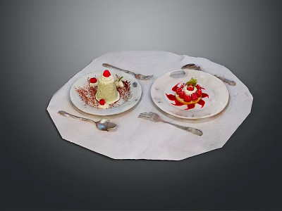 Delicious Dessert Plates With Green Cream And Red Sauce Toppings And Fresh Berries 3d model