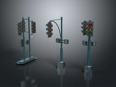 Three Traffic Light Units With Diverse Pole Designs And Signal Lamps 3d model