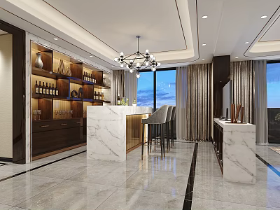 Modern Bar Area Interior Design With Marble Counter Wine Racks And Chandelier 3d model