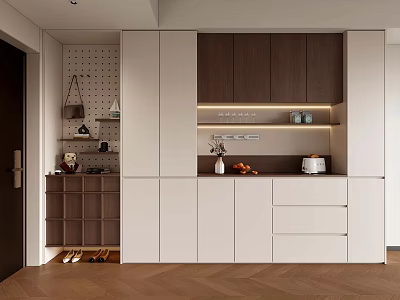 Modern Sideboard Cabinet With White Brown Wood Drawers Shelves And Decorative Vase Fruits 3d model