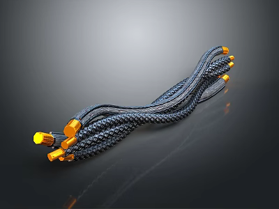 Grey Braided Cable With Multiple Yellow Plugs For Household Daily Use 3d model