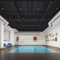 Indoor Fitness Sports Facility With Blue Court Seating Wall Posters And Ceiling Lights