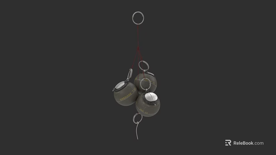 Hand Grenades Weapon With Metal Bodies Hanging On Red String 3d model 
