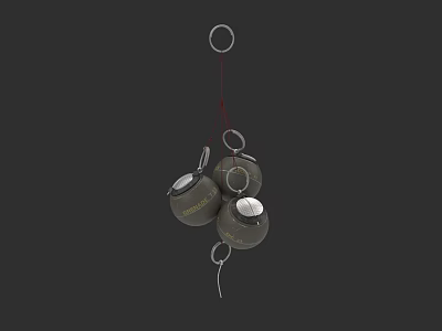 Hand Grenades Weapon With Metal Bodies Hanging On Red String 3d model