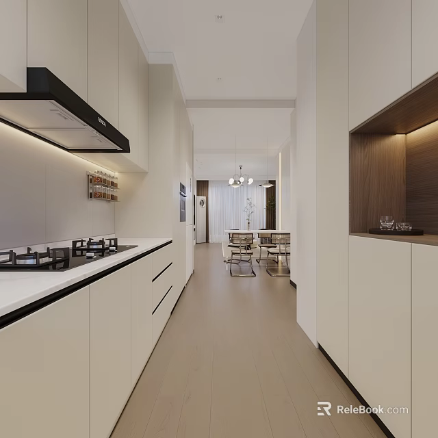 Modern Open Dining Living Room Interior With White Cabinets Dining Table And Pendant Lights 3d model 