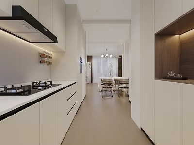 Modern Open Dining Living Room Interior With White Cabinets Dining Table And Pendant Lights 3d model