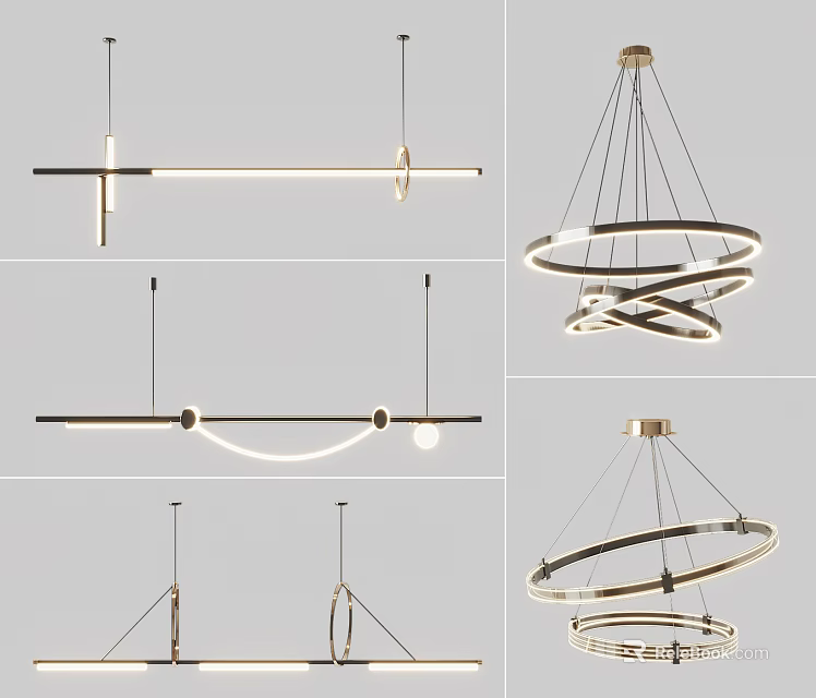 Modern Linear And Circular Chandeliers With Metal Frame And LED Lighting 3d model 