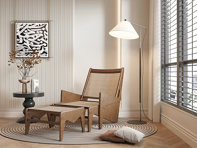 Natural Woven Lounge Chair with Ottoman Floor Lamp and Rug Near Window Wall Art 3d model
