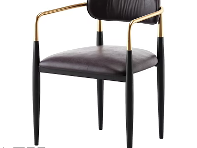 Elegant Single Chair With Black Legs Golden Armrests Dark Leather Seat And Backrest 3d model
