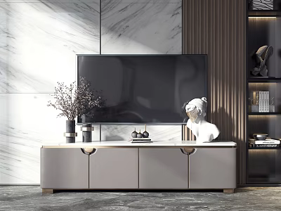 Modern TV Stand Against Marble Wall With TV Decorative Sculpture Vase And Display Shelf 3d model