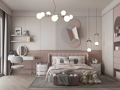 Cozy Kids Room Interior With Pink Walls Chandelier Decorative Mirror And Teddy Bears 3d model