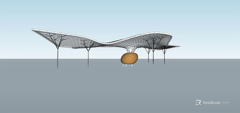Modern Curved Sunshade With Net Like Structure And Tree Shaped Columns 3d model