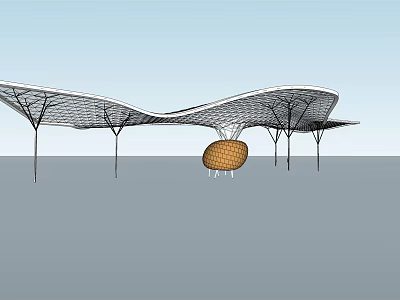 Modern Curved Sunshade With Net Like Structure And Tree Shaped Columns 3d model