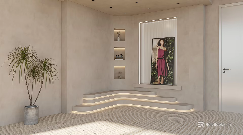Bonsai Potted Plant In Modern Indoor Space With Beige Walls Illuminated Steps And Decorative Painting 3d model 