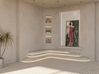 Bonsai Potted Plant In Modern Indoor Space With Beige Walls Illuminated Steps And Decorative Painting 3d model