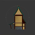 Charming Small Building Featuring Green Roof Yellow Walls Red Door Wooden Structure And Small Awning