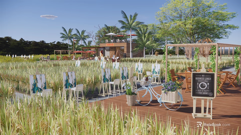 Rural Landscape With Wooden Deck White Tables Chairs Palm Trees Bicycle And Blackboard Menu 3d model 