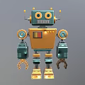 Blue Gold Vintage Robot Character With Large Eyes Antennas Mechanical Arms And Tracked Feet