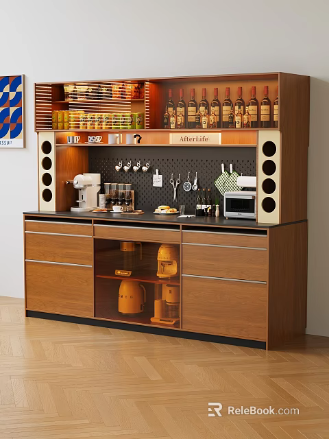 Modern Walnut Sideboard With Drawers Open Storage Compartments Coffee Machine And Mug Hooks 3d model 