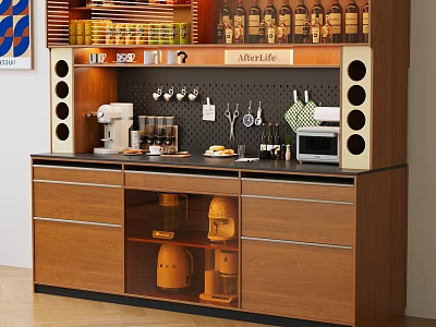 Modern Walnut Sideboard With Drawers Open Storage Compartments Coffee Machine And Mug Hooks 3d model